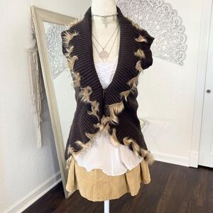 Ny Collection Boho Whimsygoth Brown Tan Open Front Faux Fur Ruffle Cardigan L
